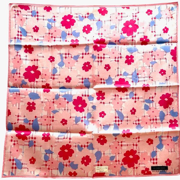 New Burberry Miniscarf/handkerchief 19. 5"cotton/silkpink blue floral check (32) - Picture 9 of 12